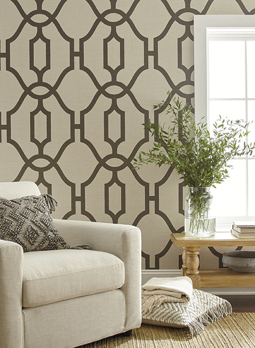 media image for Woven Trellis Wallpaper in Charcoal on Khaki from Magnolia Home Vol. 2 by Joanna Gaines 258