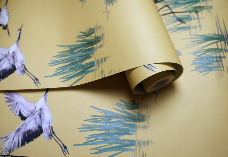 media image for Yellow Cranes in Water Wallpaper by Walls Republic 262