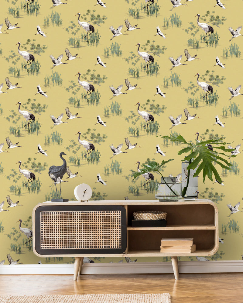 media image for Yellow Cranes in Water Wallpaper by Walls Republic 243
