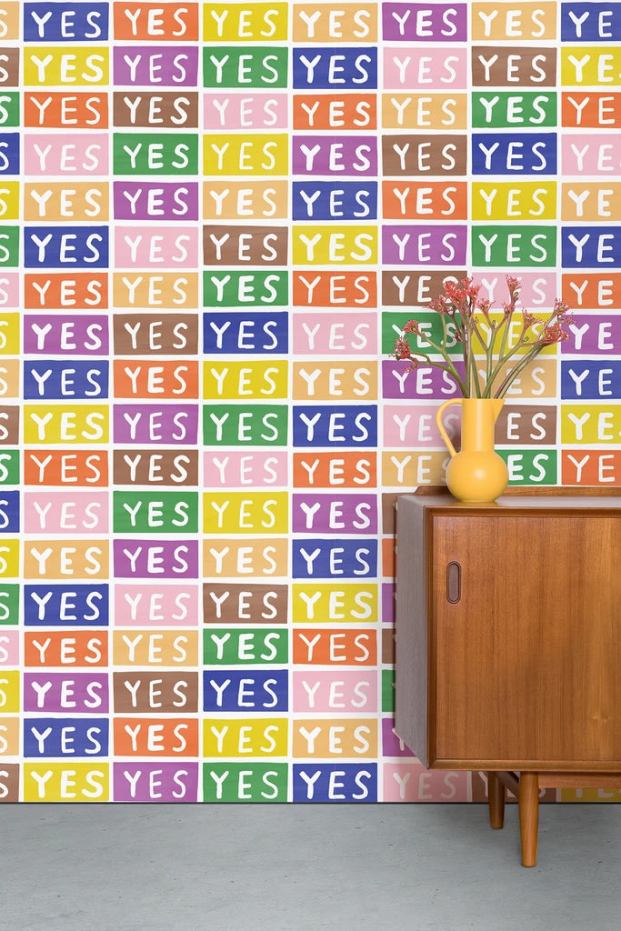 media image for Yes Wallpaper in Rainbow on White by Larry Yes for Thatcher Studio 238