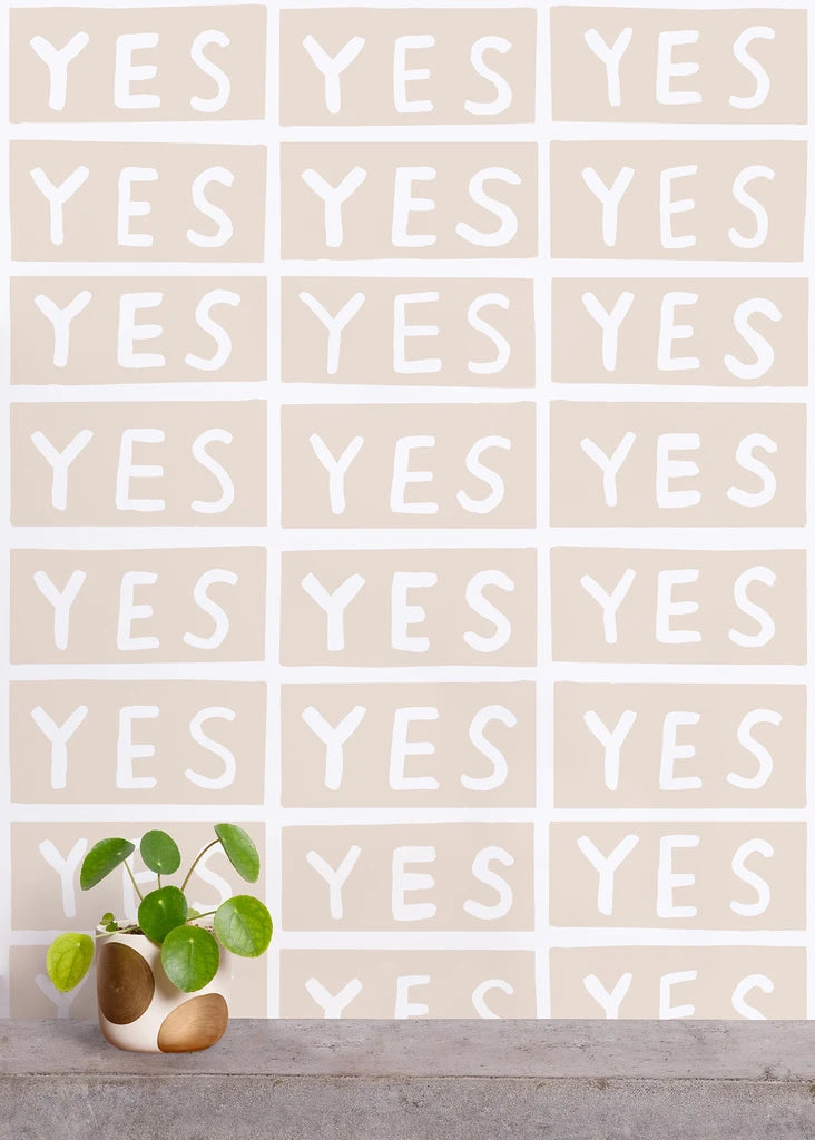 media image for Yes Wallpaper in Taupe on White by Larry Yes for Thatcher Studio 242