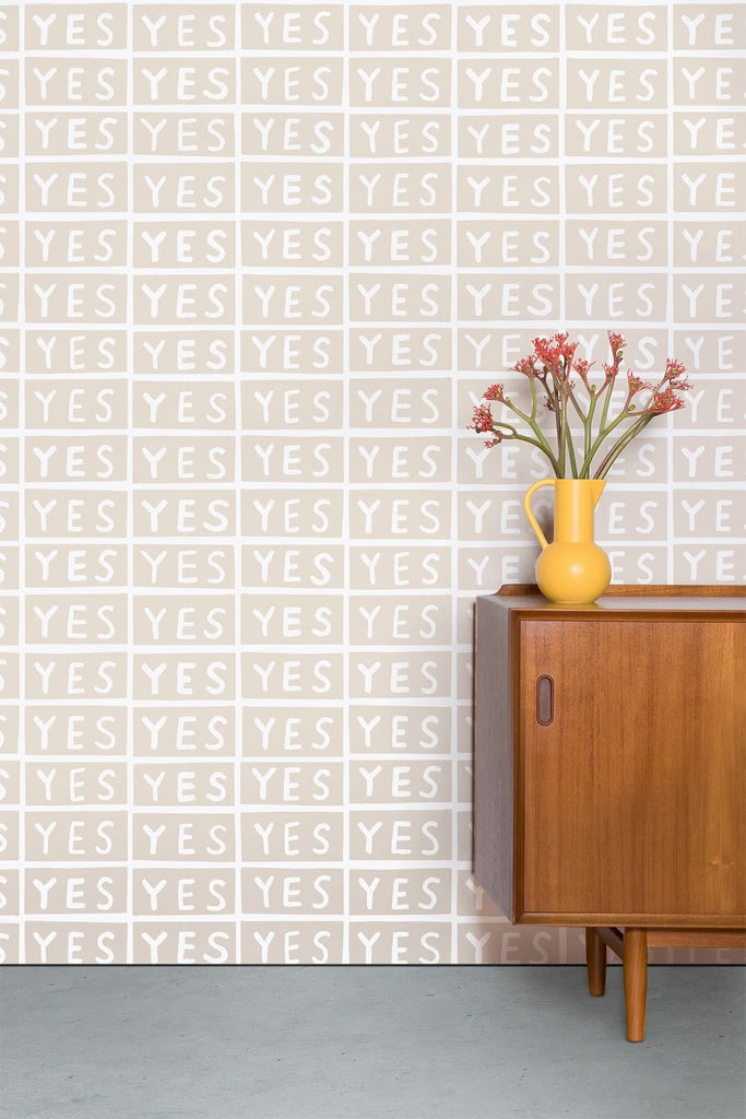 media image for Yes Wallpaper in Taupe on White by Larry Yes for Thatcher Studio 29