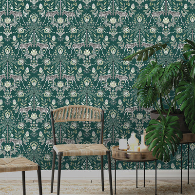 product image for Zebra Ornamental Wallpaper in Green by Walls Republic 29