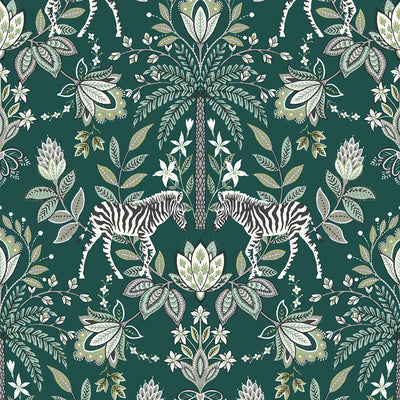 product image of sample zebra ornamental wallpaper in green by walls republic 1 559