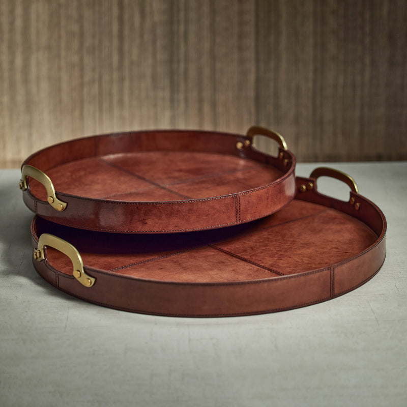 media image for harlow leather w brass handles round tray by zodax in 7375 3 25