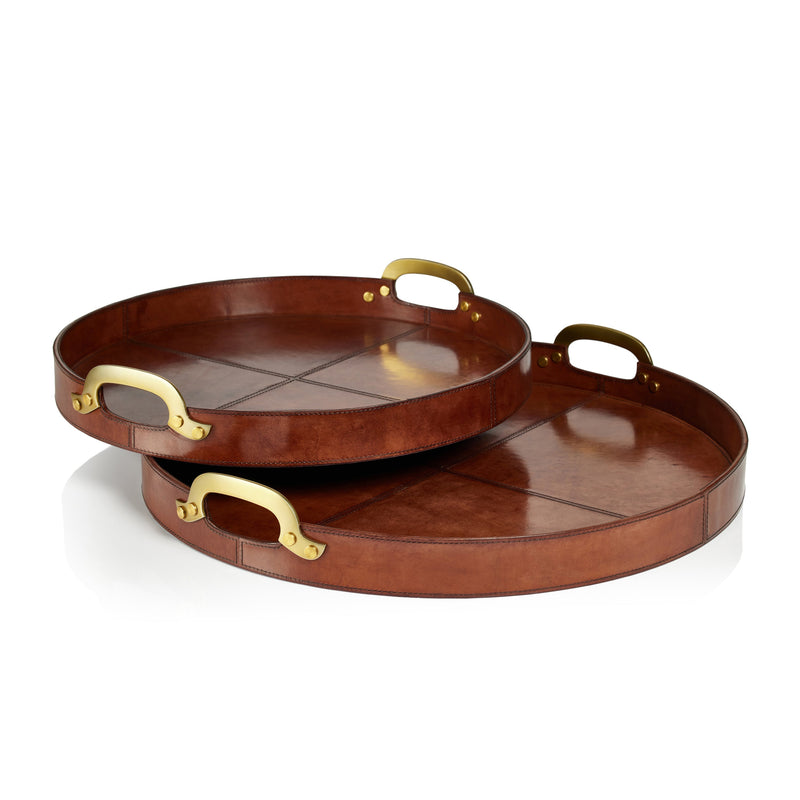 media image for harlow leather w brass handles round tray by zodax in 7375 2 299