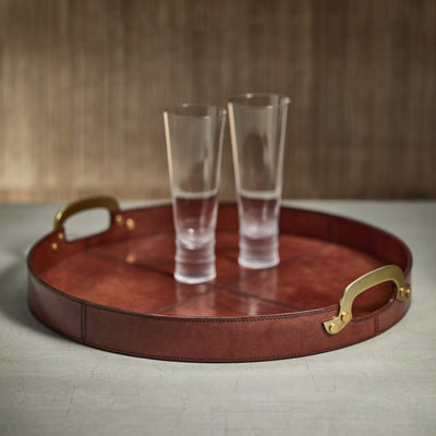 product image for harlow leather w brass handles round tray by zodax in 7375 6 48