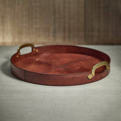 product image for harlow leather w brass handles round tray by zodax in 7375 7 45