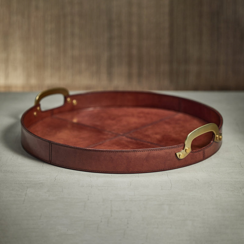 media image for harlow leather w brass handles round tray by zodax in 7375 7 246