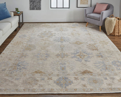 product image for Tierney Hand-Knotted Ornamental Ivory/Tan/Stone Blue Rug 6 81