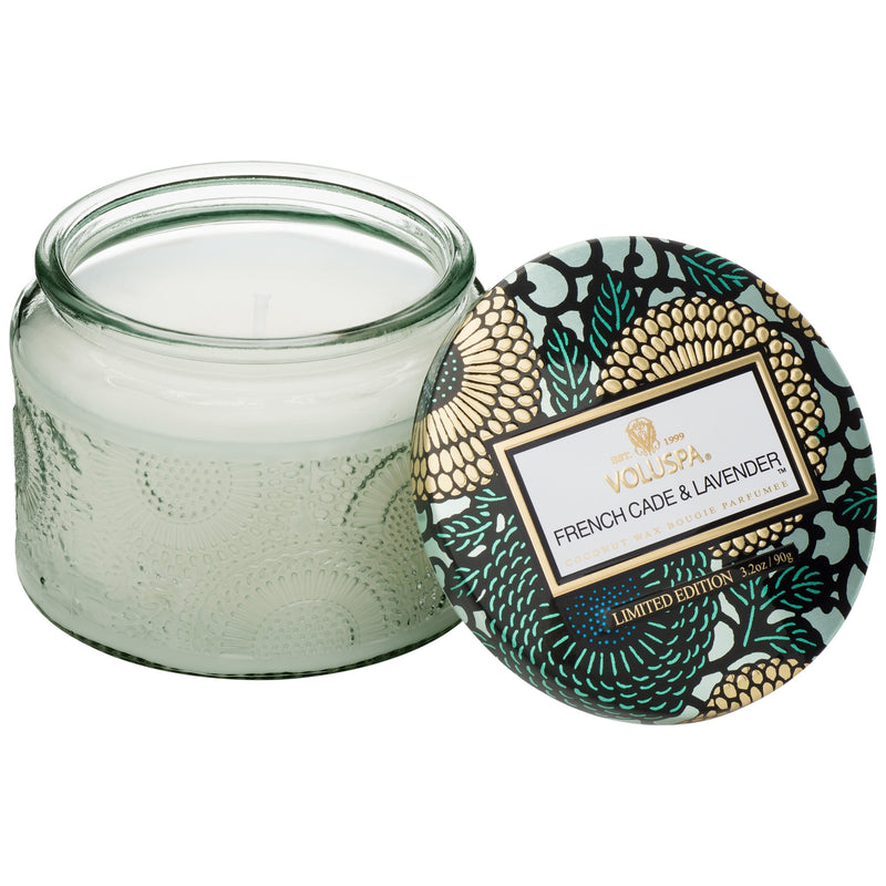 media image for Petite Embossed Glass Jar Candle in French Cade Lavender design by Voluspa 242