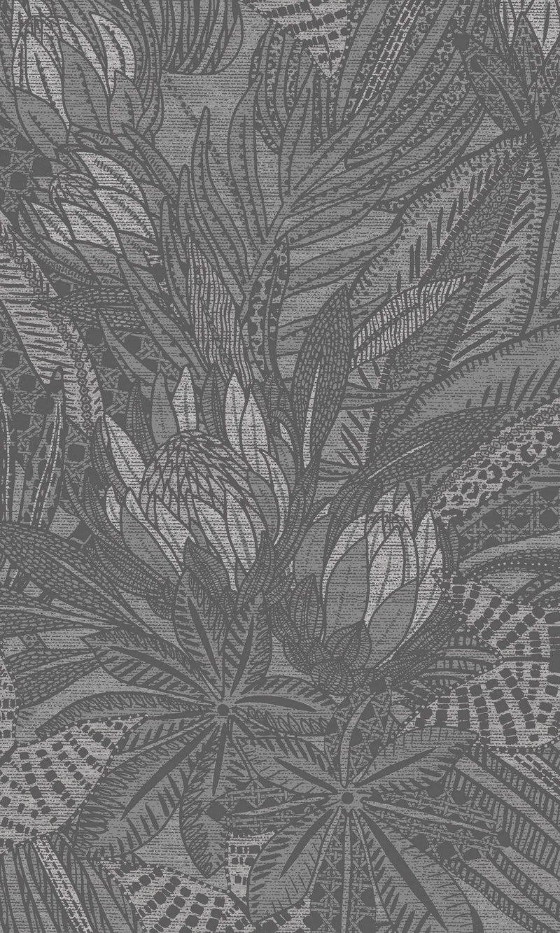 media image for Bold Leaves and Protea Flowers Charcoal Tropical Wallpaper by Walls Republic 21