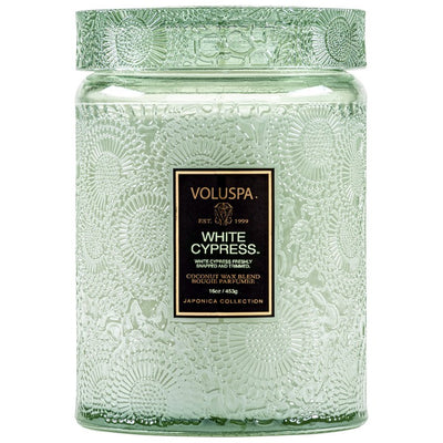 product image of large embossed glass jar candle in white cypress by voluspa 1 529