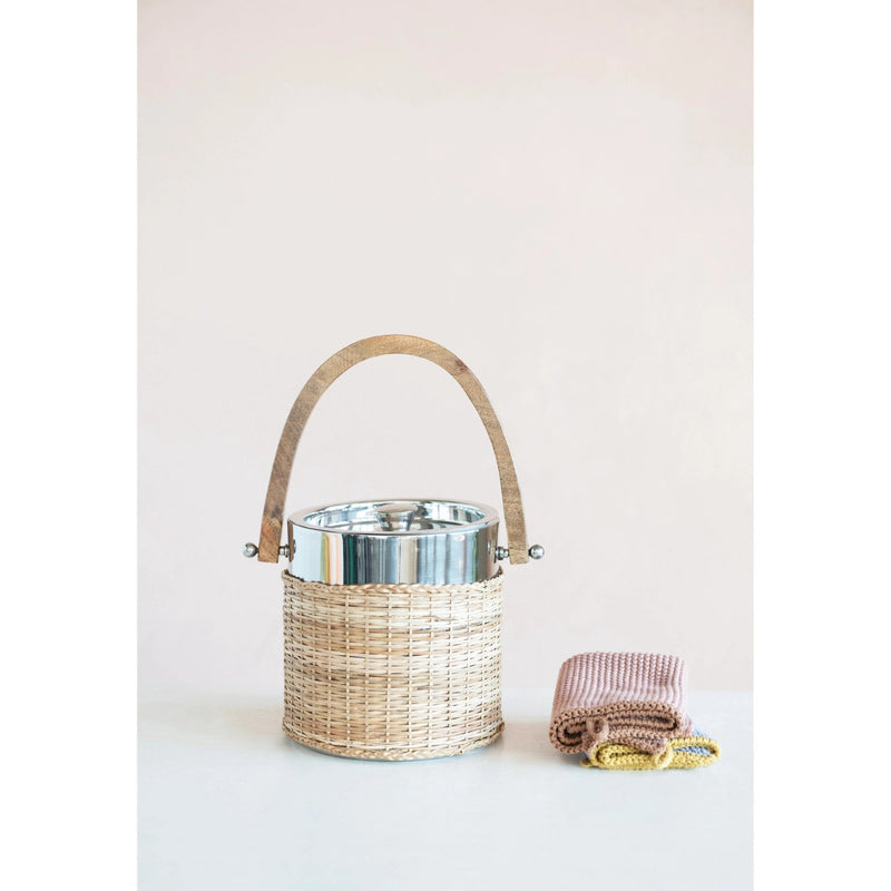 media image for 1 1 2 quart stainless steel and woven rattan ice bucket with mango wood handle 2 265