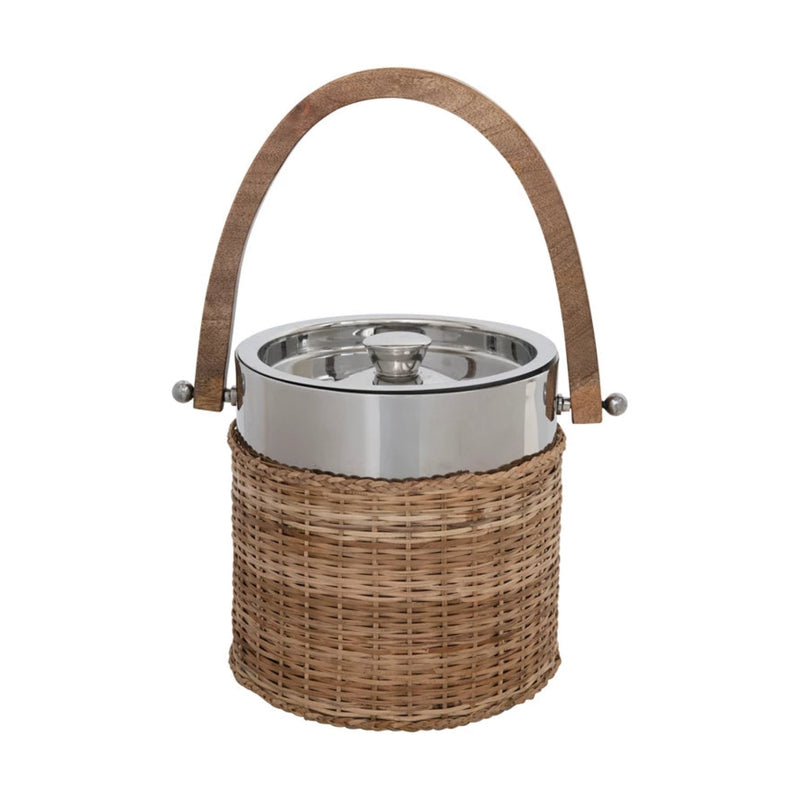 media image for 1 1 2 quart stainless steel and woven rattan ice bucket with mango wood handle 1 242
