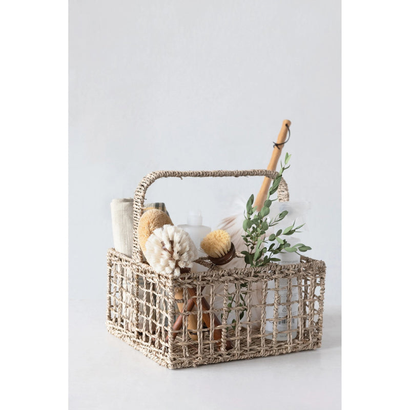 media image for hand woven seagrass caddy with handle and 6 sections 3 261