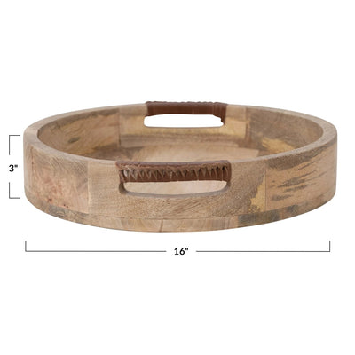 product image for mango wood tray w leather wrapped handles 3 15