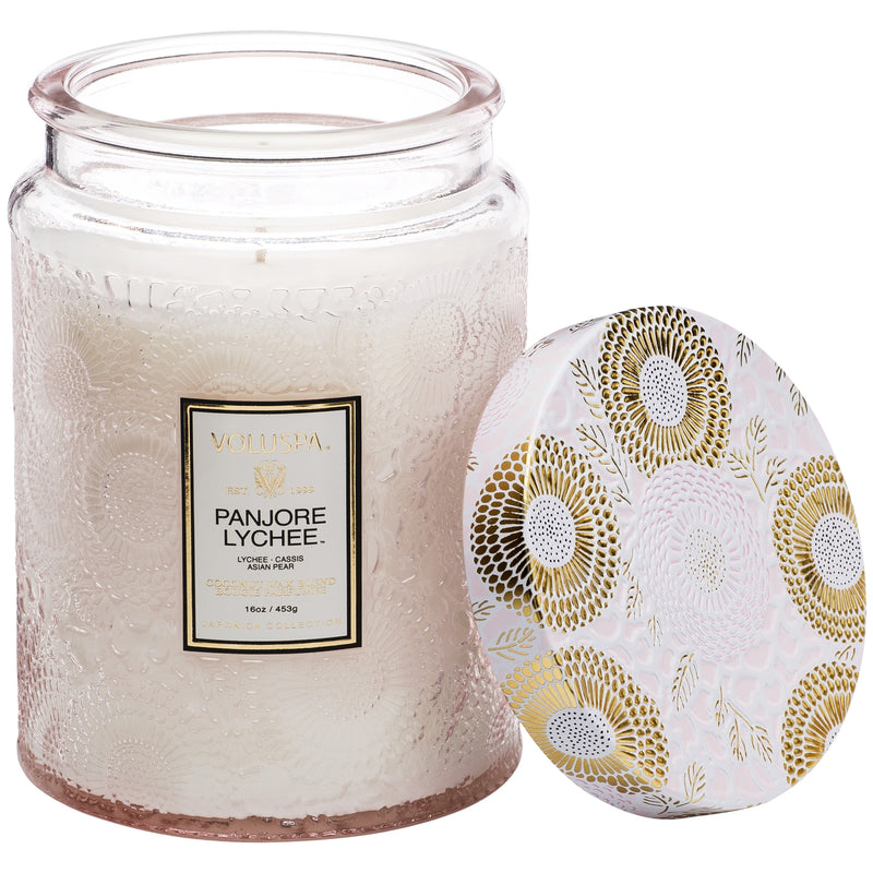 media image for Large Embossed Glass Jar Candle in Panjore Lychee design by Voluspa 245