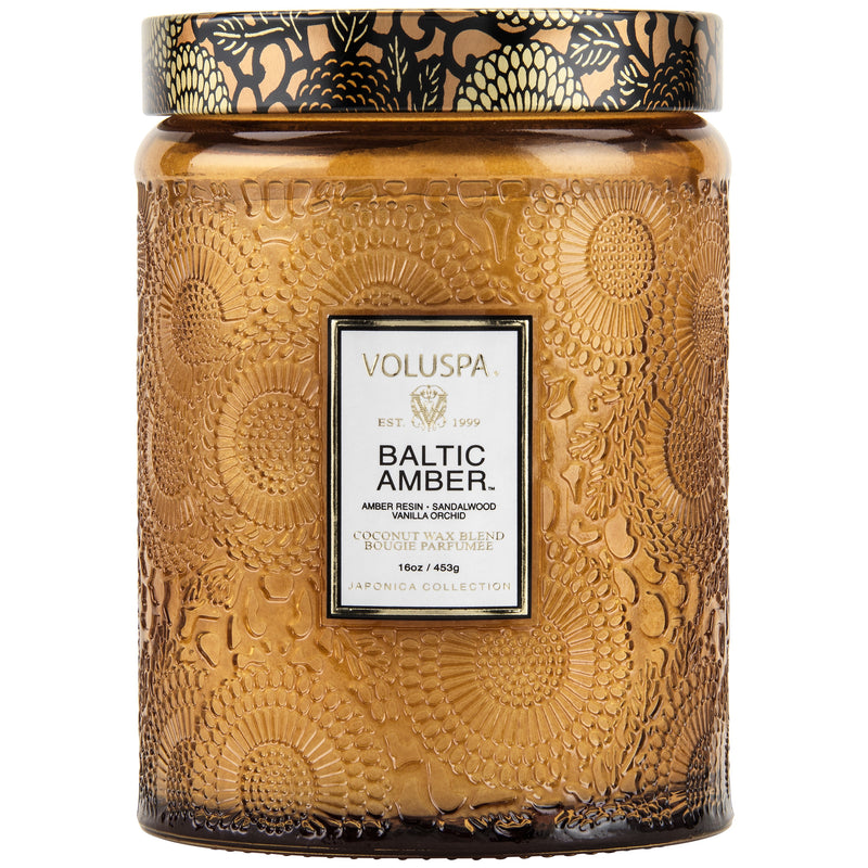 media image for Large Embossed Glass Jar Candle in Baltic Amber design by Voluspa 298
