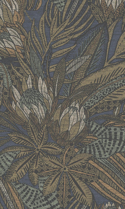 product image of Bold Leaves and Protea Flowers Navy Tropical Wallpaper by Walls Republic 536