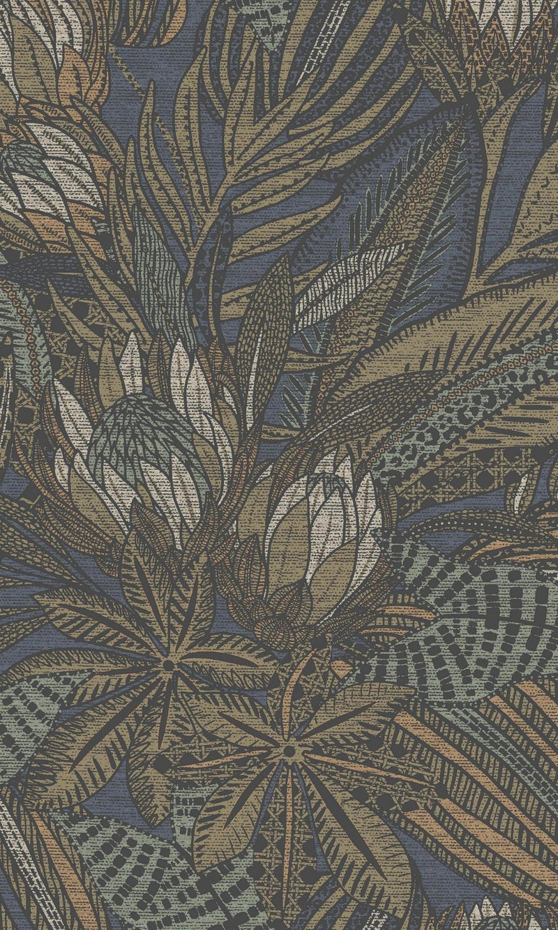media image for sample bold leaves and protea flowers navy tropical wallpaper by walls republic 1 222