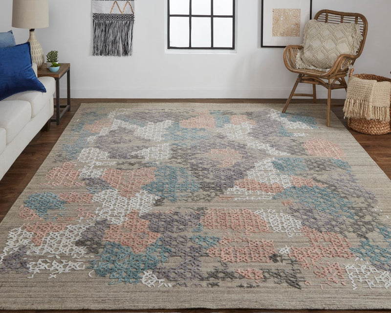 media image for Huntley Handwoven Abstract Coral Pink/Blue/Taupe 3ft-6in x 5ft-6in Rug 6 292