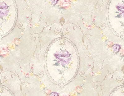 product image of Medallion Flower Wallpaper in Beige & Purple 523