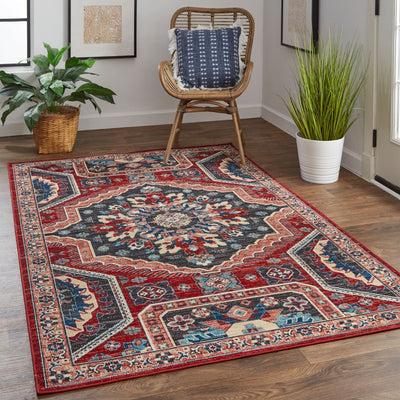 product image for Kezia Power Loomed Distressed True Red/River Blue Rug 6 34