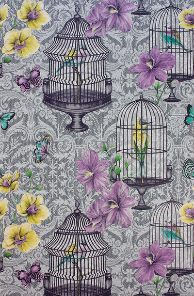 product image of Orangery Wallpaper in Purple and lemon on a grey background from the Belvoir Collection by Matthew Williamson 52